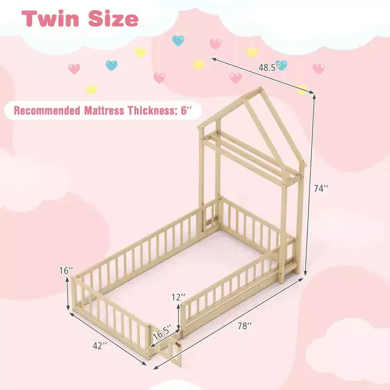 Twin Size House-Shaped Floor Bed Frame with Headboard and Clothes Hanger