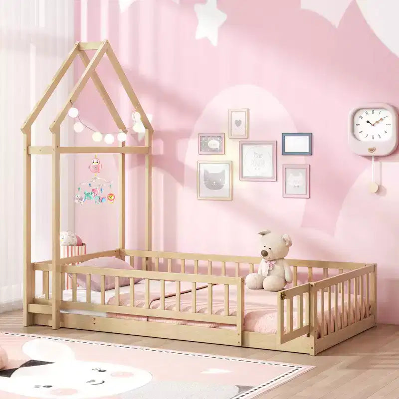 Twin Size House-Shaped Floor Bed Frame with Headboard and Clothes Hanger