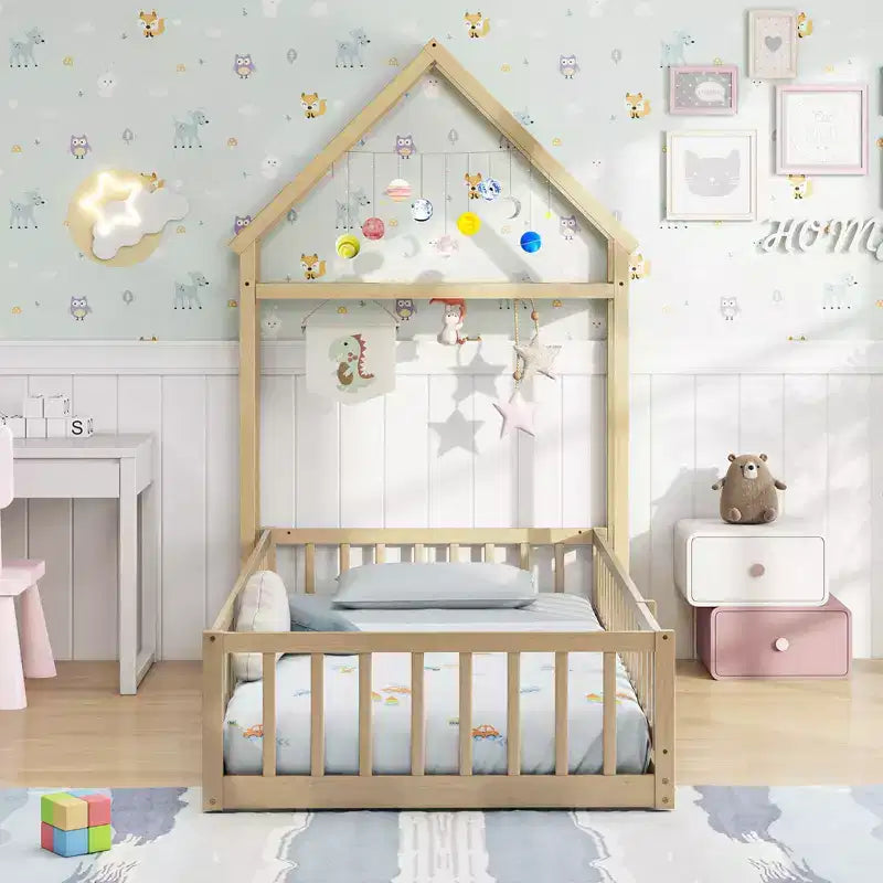Twin Size House-Shaped Floor Bed Frame with Headboard and Clothes Hanger