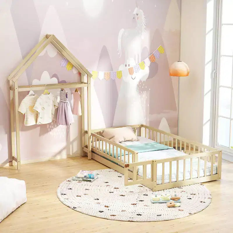 Twin Size House-Shaped Floor Bed Frame with Headboard and Clothes Hanger