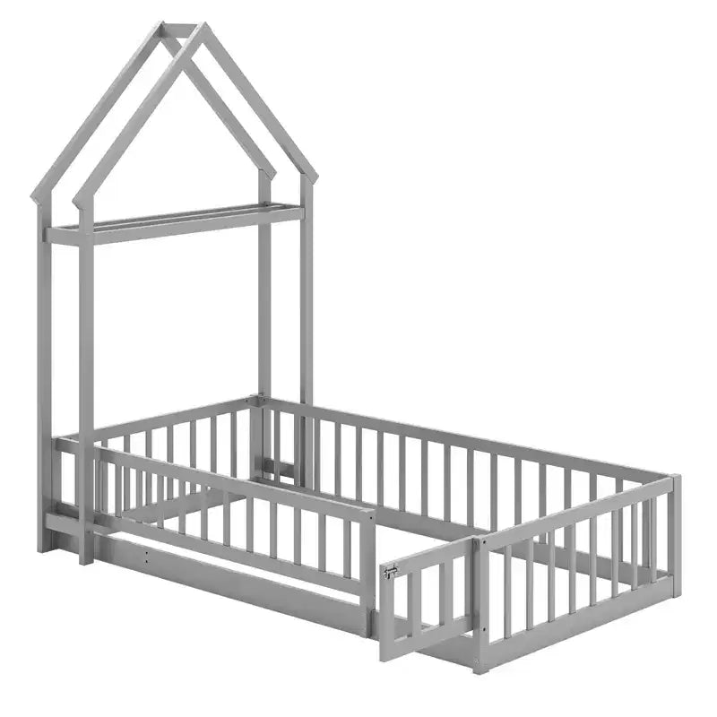Twin Size House-Shaped Floor Bed Frame with Headboard and Clothes Hanger