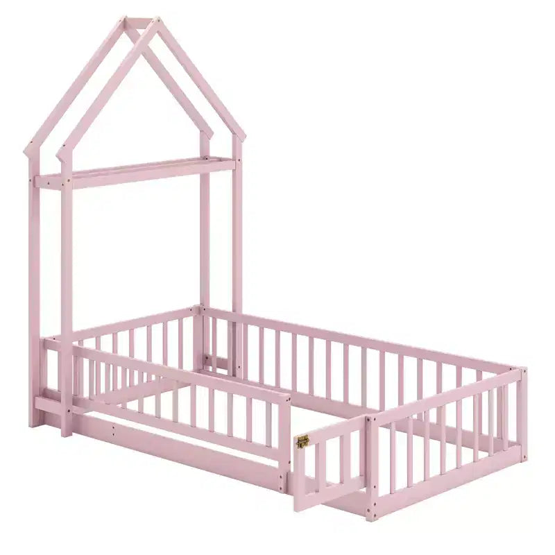 Twin Size House-Shaped Floor Bed Frame with Headboard and Clothes Hanger