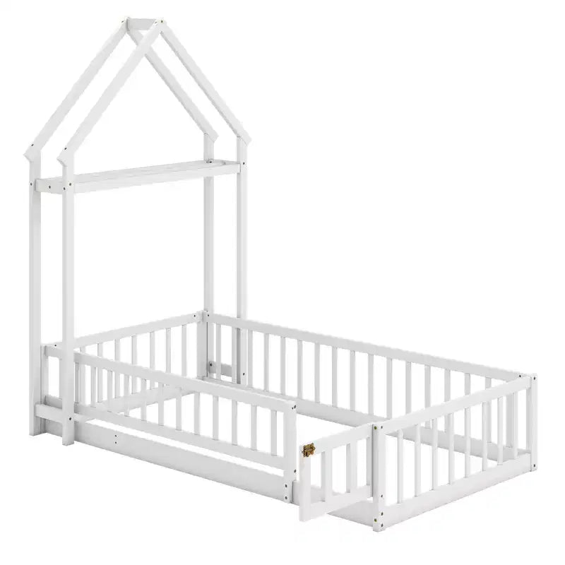 Twin Size House-Shaped Floor Bed Frame with Headboard and Clothes Hanger
