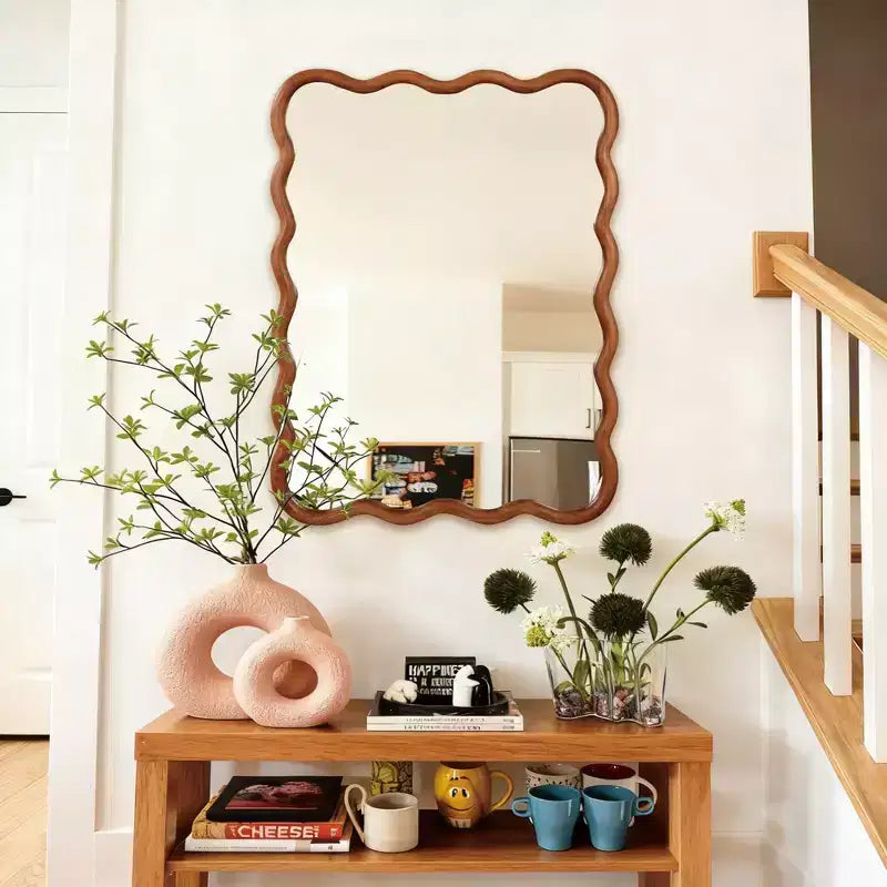 30 x 40 Wavy Rectangle Solid Wood Frame Decorative Mirror for Bedroom Bathroom Living Room Yellowish Brown