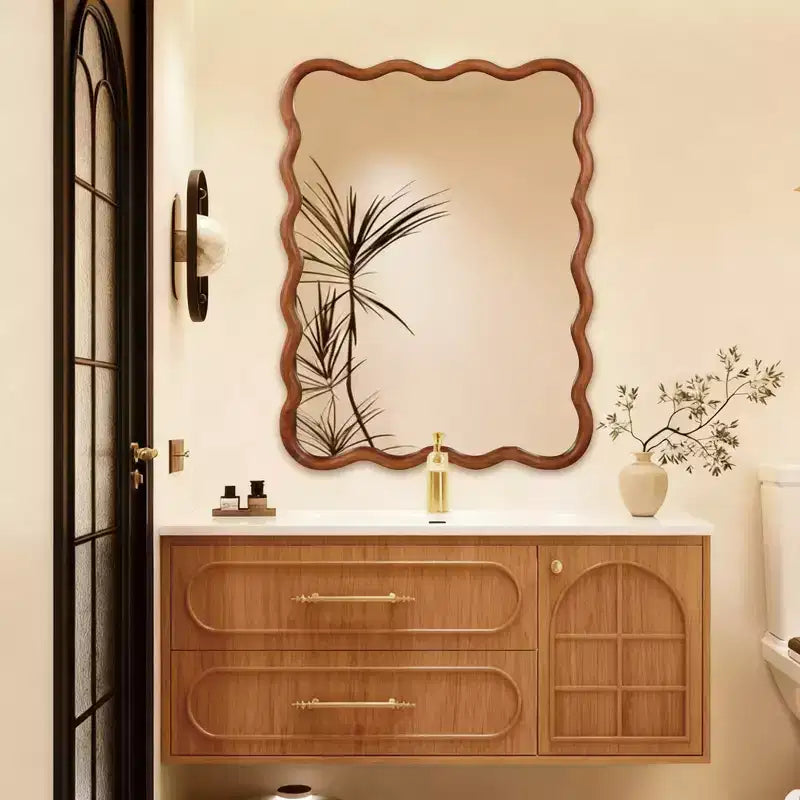 30 x 40 Wavy Rectangle Solid Wood Frame Decorative Mirror for Bedroom Bathroom Living Room Yellowish Brown