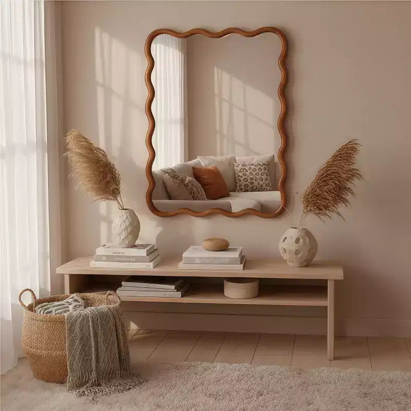 30 x 40 Wavy Rectangle Solid Wood Frame Decorative Mirror for Bedroom Bathroom Living Room Yellowish Brown