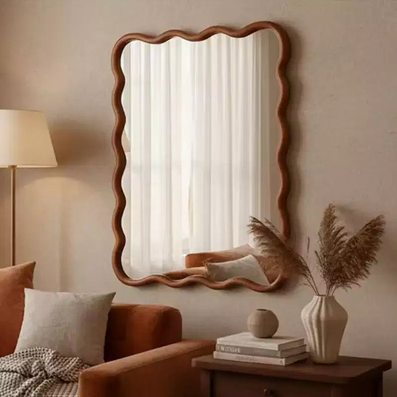 30 x 40 Wavy Rectangle Solid Wood Frame Decorative Mirror for Bedroom Bathroom Living Room Yellowish Brown