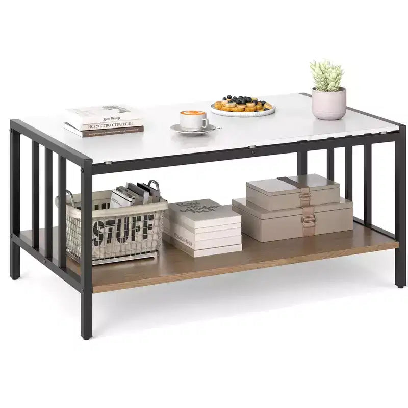 Mesa de café rectangular de 2 niveles con tablero de losa de piedra y estante abierto