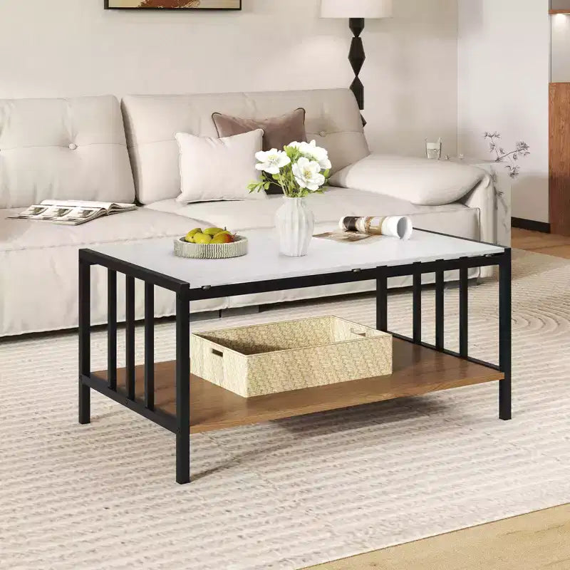 Mesa de café rectangular de 2 niveles con tablero de losa de piedra y estante abierto
