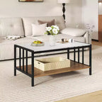 Mesa de café rectangular de 2 niveles con tablero de losa de piedra y estante abierto
