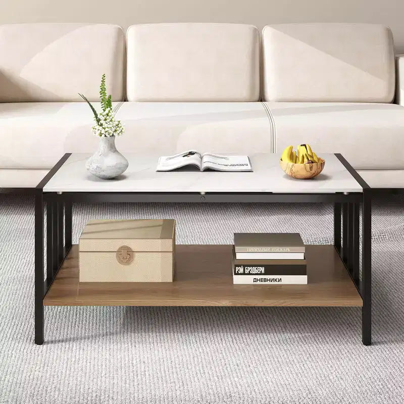 Mesa de café rectangular de 2 niveles con tablero de losa de piedra y estante abierto