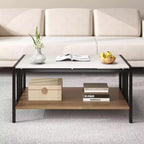 Mesa de café rectangular de 2 niveles con tablero de losa de piedra y estante abierto