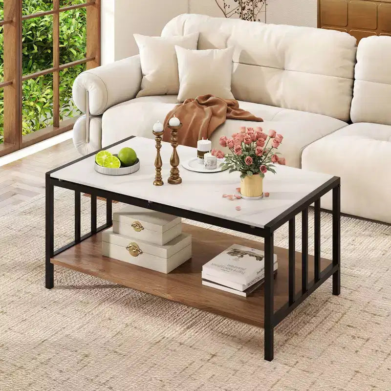 Mesa de café rectangular de 2 niveles con tablero de losa de piedra y estante abierto