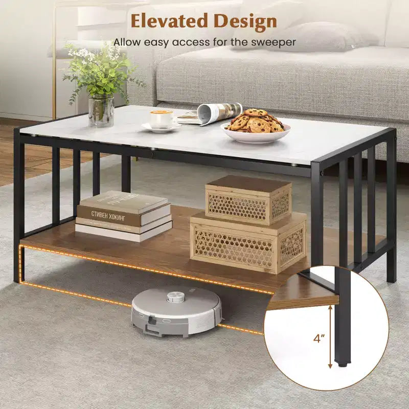 Mesa de café rectangular de 2 niveles con tablero de losa de piedra y estante abierto