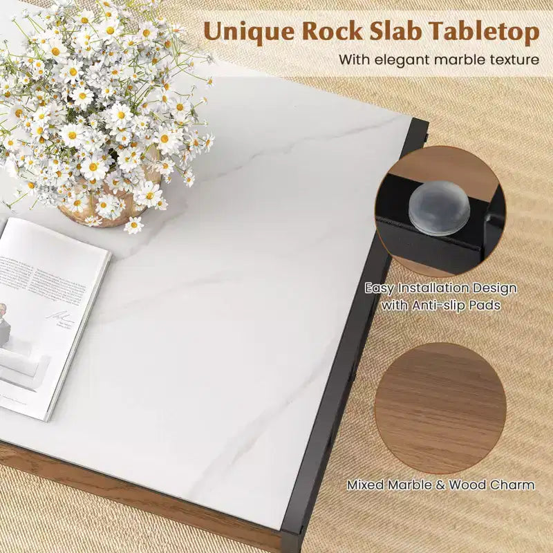 Mesa de café rectangular de 2 niveles con tablero de losa de piedra y estante abierto