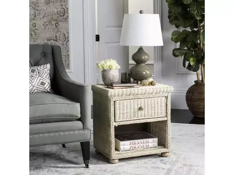 Wicker & Pine Wood Nightstand with Drawer and Shelf - Off-White
