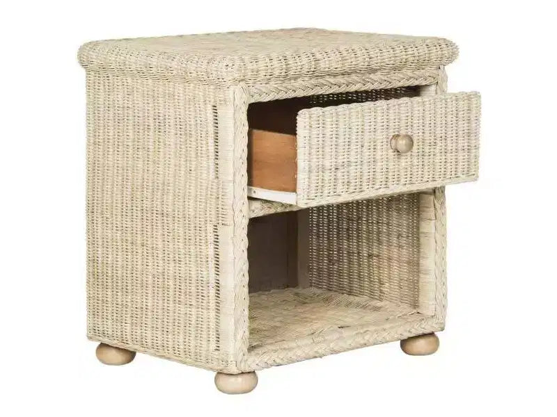 Wicker & Pine Wood Nightstand with Drawer and Shelf - Off-White