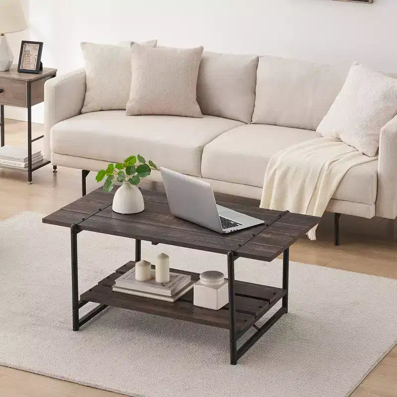 41 Inch Double Tiered Coffee Table with Storage Shelves