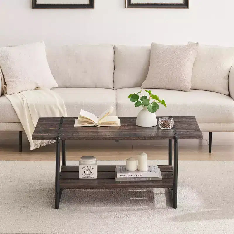 41 Inch Double Tiered Coffee Table with Storage Shelves