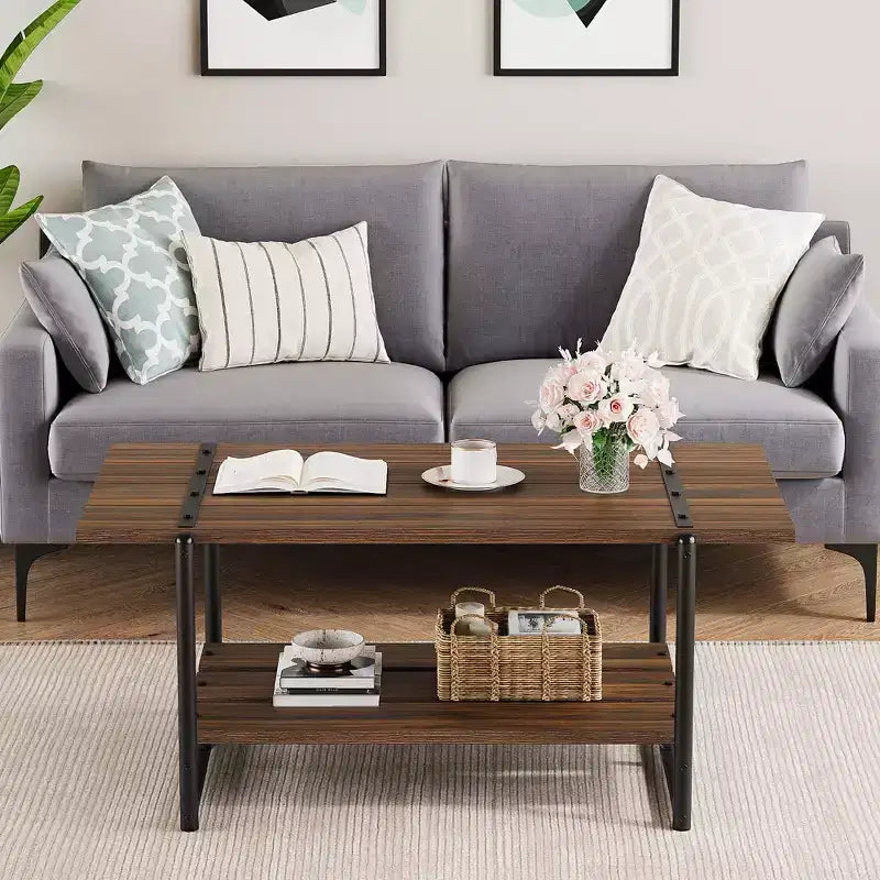 41 Inch Double Tiered Coffee Table with Storage Shelves