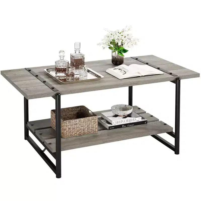 41 Inch Double Tiered Coffee Table with Storage Shelves