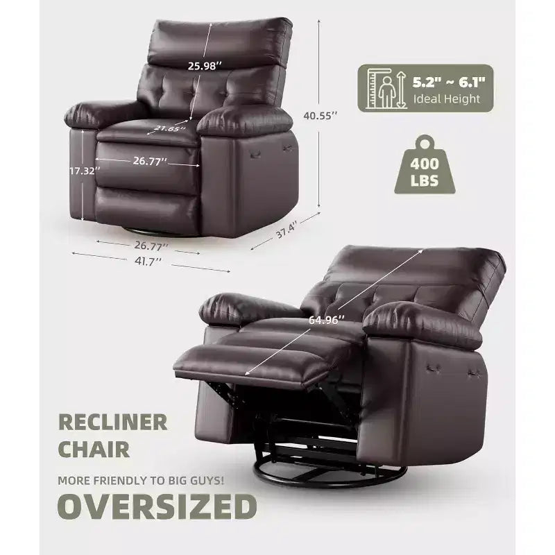 Übergroßer drehbarer Schaukel-Relaxsessel, breiter manueller PU-Ledersessel mit gepolsterten Arm- & Rückenlehnen, 360° Drehung für Wohnzimmer, Schlafzimmer, Braun