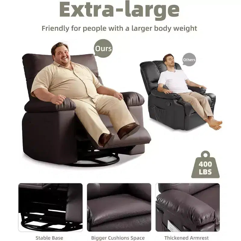 Übergroßer drehbarer Schaukel-Relaxsessel, breiter manueller PU-Ledersessel mit gepolsterten Arm- & Rückenlehnen, 360° Drehung für Wohnzimmer, Schlafzimmer, Braun