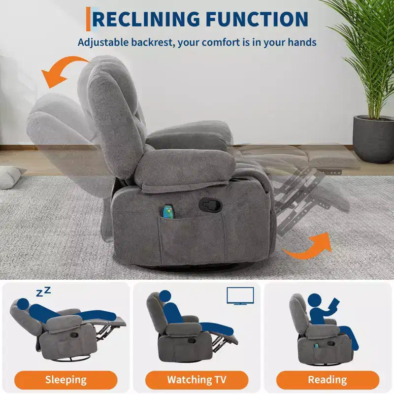 Swivel Recliner Chair with Vibration Massage and Heating Function