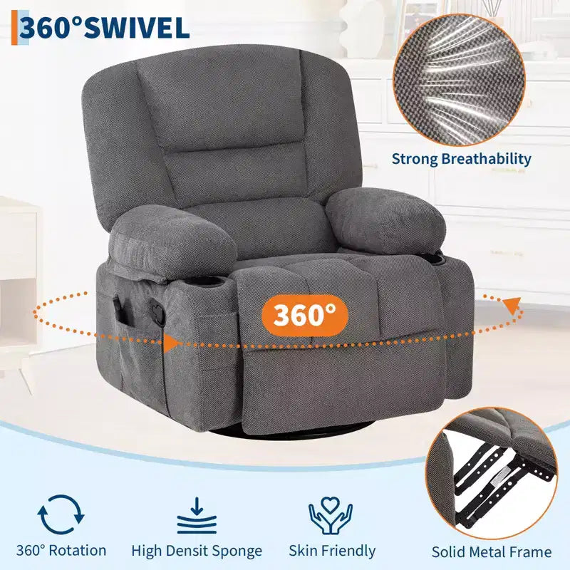 Swivel Recliner Chair with Vibration Massage and Heating Function