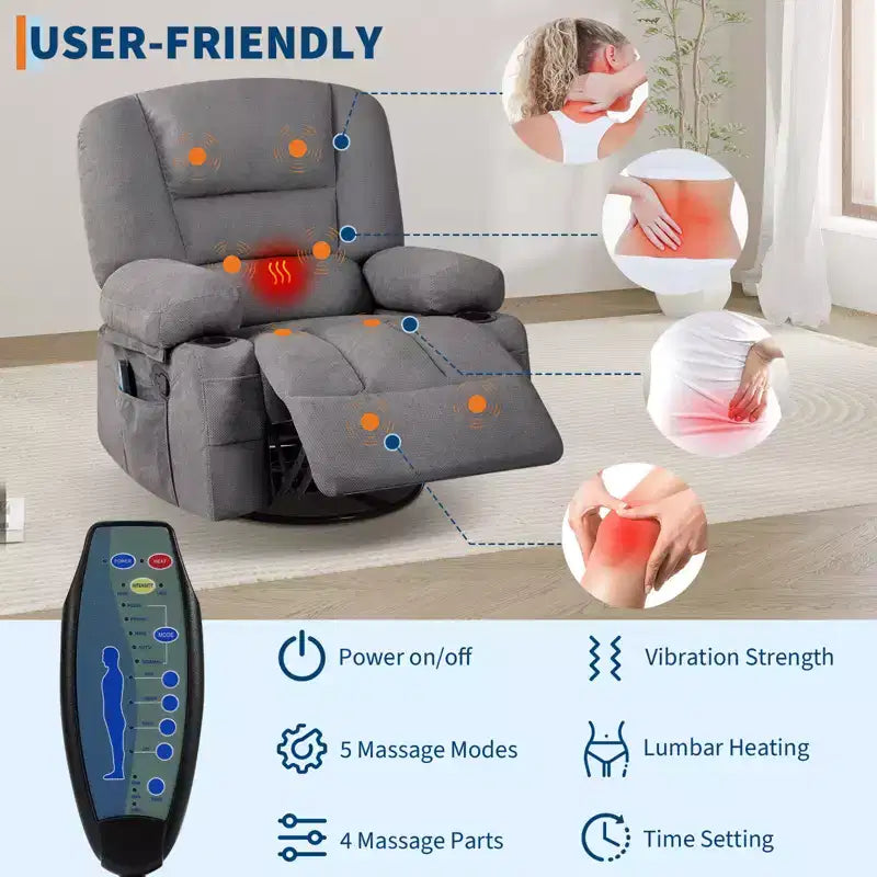Swivel Recliner Chair with Vibration Massage and Heating Function