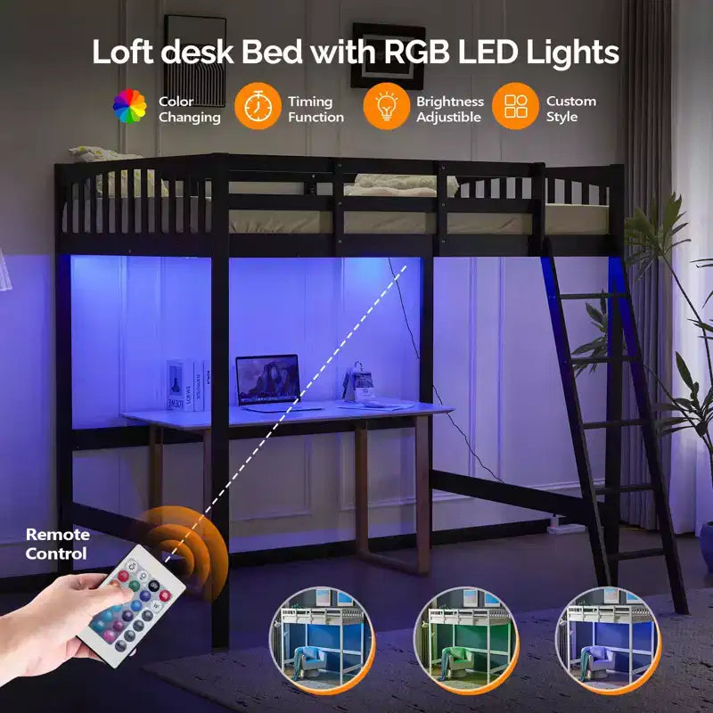 Solid Wood Loft Bed Twin/Full Size with USB Charging Station, LED Lights, Flat Rungs, Wood Slat Support, No Box Spring Needed