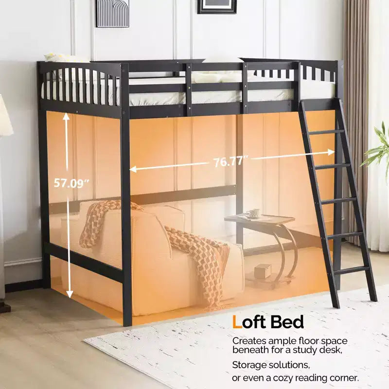Solid Wood Loft Bed Twin/Full Size with USB Charging Station, LED Lights, Flat Rungs, Wood Slat Support, No Box Spring Needed