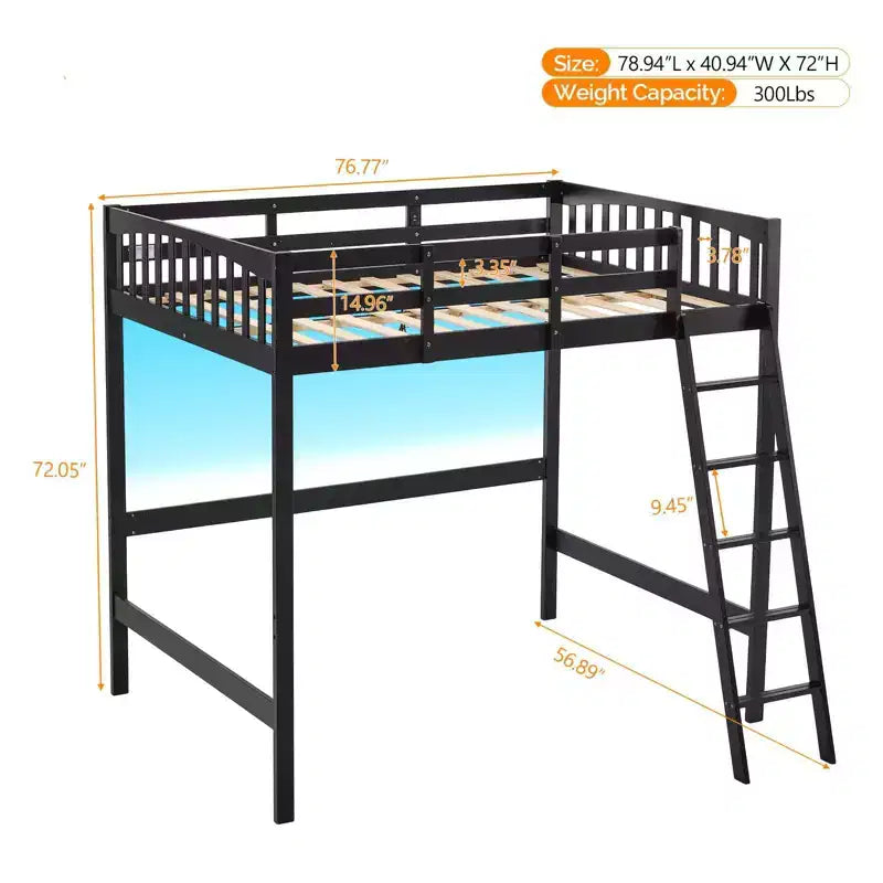 Solid Wood Loft Bed Twin/Full Size with USB Charging Station, LED Lights, Flat Rungs, Wood Slat Support, No Box Spring Needed