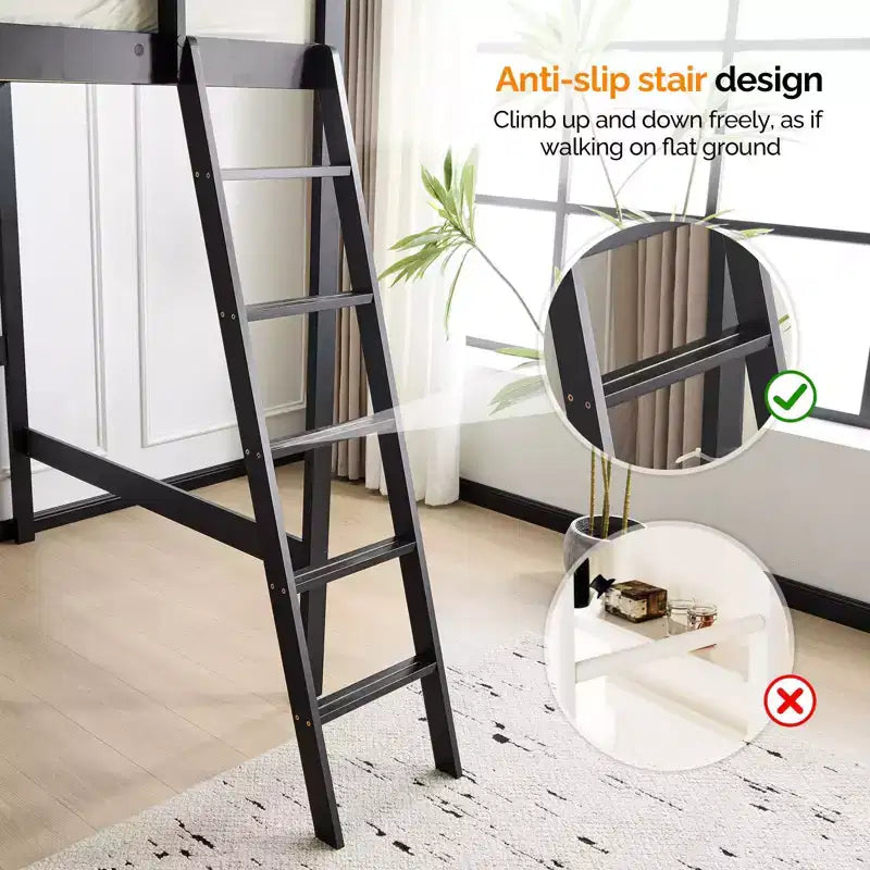 Solid Wood Loft Bed Twin/Full Size with USB Charging Station, LED Lights, Flat Rungs, Wood Slat Support, No Box Spring Needed