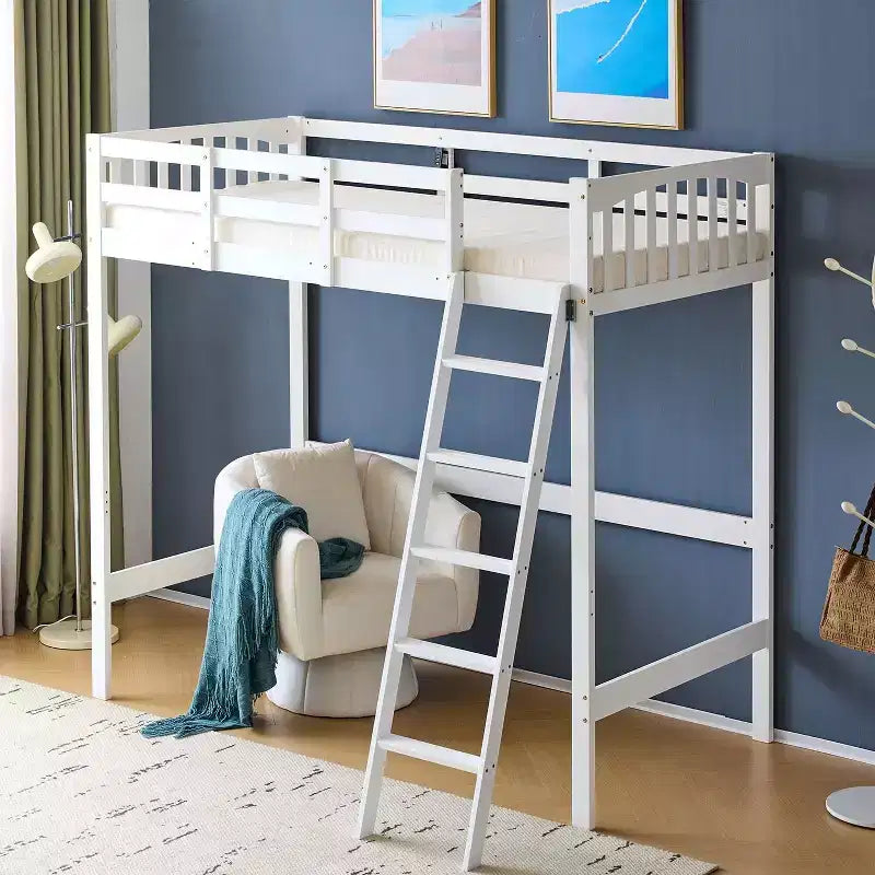 Solid Wood Loft Bed Twin/Full Size with USB Charging Station, LED Lights, Flat Rungs, Wood Slat Support, No Box Spring Needed