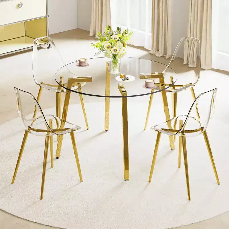 42-Inch Round Tempered Glass Dining Table with Gold Metal Legs
