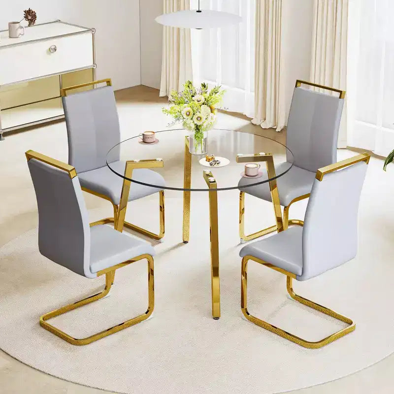 42-Inch Round Tempered Glass Dining Table with Gold Metal Legs