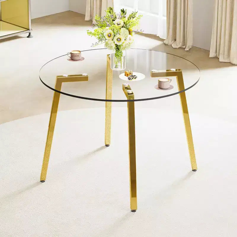 42-Inch Round Tempered Glass Dining Table with Gold Metal Legs