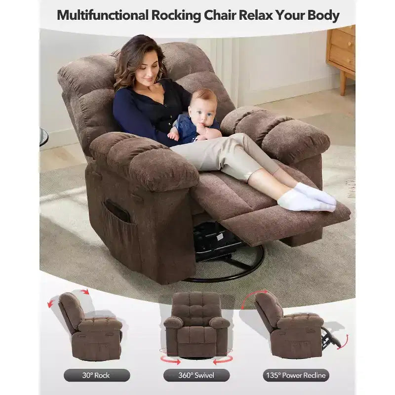Schaukel-Relaxsessel, 360° drehbarer Schaukelstuhl, Einzelsessel, extra breiter manueller Relaxsessel, Chenille-Bezug
