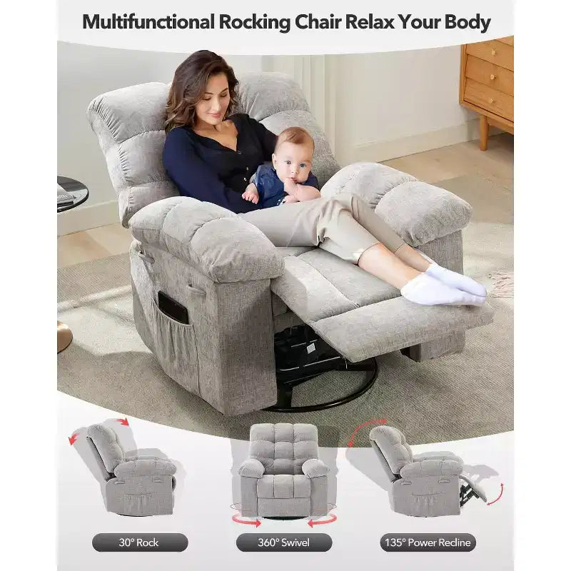 Schaukel-Relaxsessel, 360° drehbarer Schaukelstuhl, Einzelsessel, extra breiter manueller Relaxsessel, Chenille-Bezug