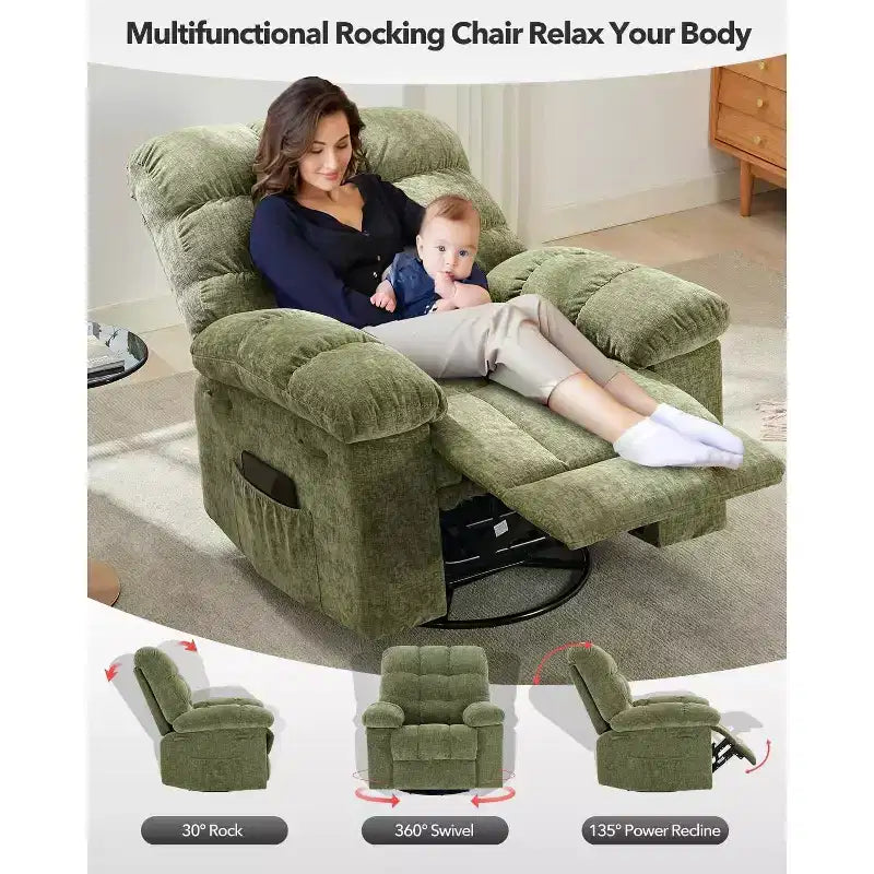 Schaukel-Relaxsessel, 360° drehbarer Schaukelstuhl, Einzelsessel, extra breiter manueller Relaxsessel, Chenille-Bezug