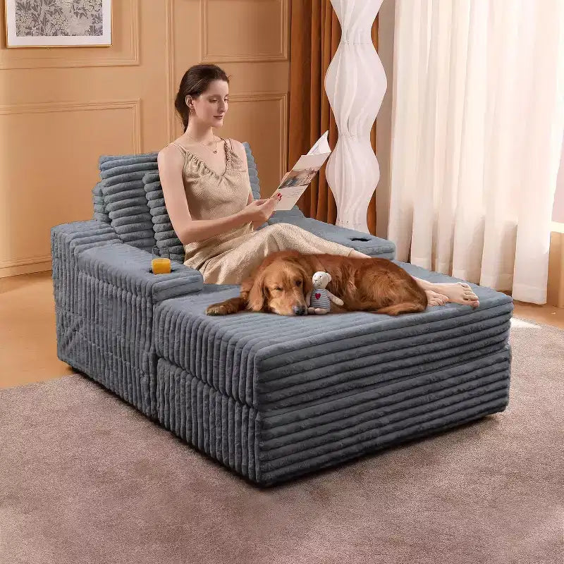 Übergroßer Chaiselongue-Stuhl mit Stauraum - gepolsterter Cordsofa-Stuhl mit 3 Kissen für Zuhause
