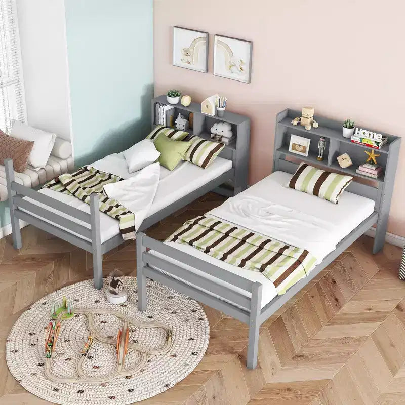 Twin Bunk Bed with Bookcase Headboard, Safety Guardrails and Ladder, Convertible to 2 Beds, Gray