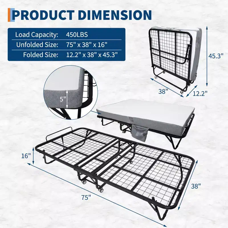 Folding Bed with Memory Foam Mattress and Metal Frame