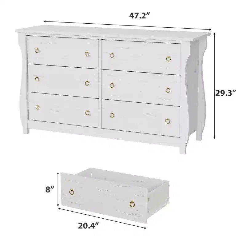 Wide 6-Drawer Wooden Dresser with Textured Front