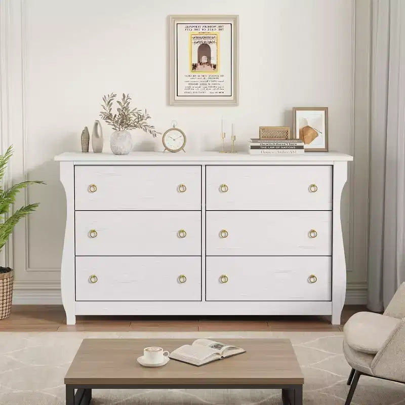 Wide 6-Drawer Wooden Dresser with Textured Front