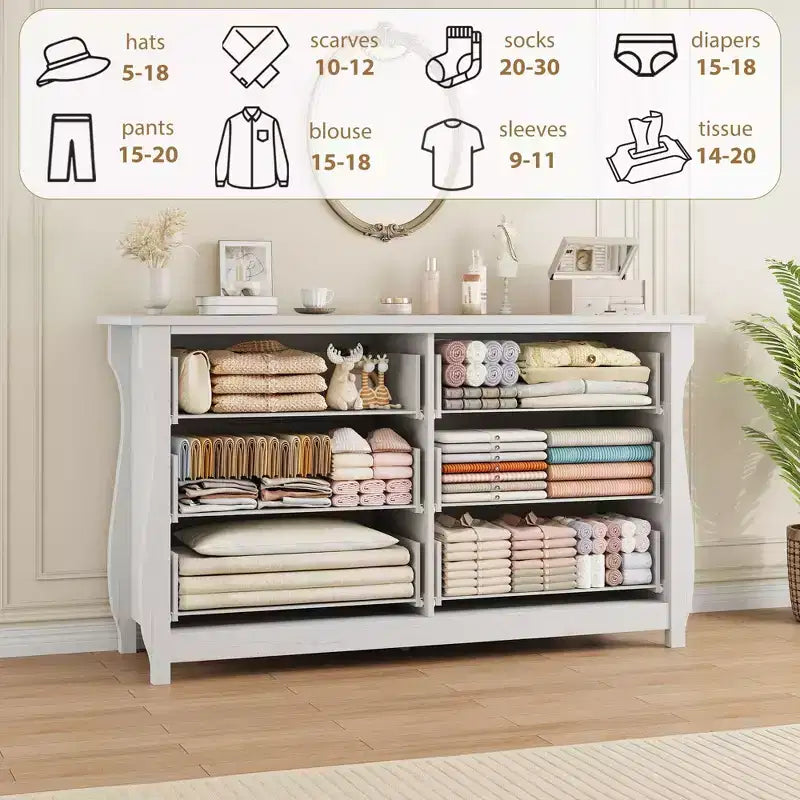 Wide 6-Drawer Wooden Dresser with Textured Front