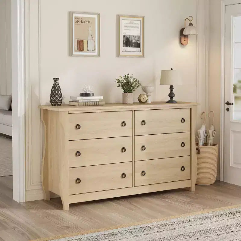 Wide 6-Drawer Wooden Dresser with Textured Front