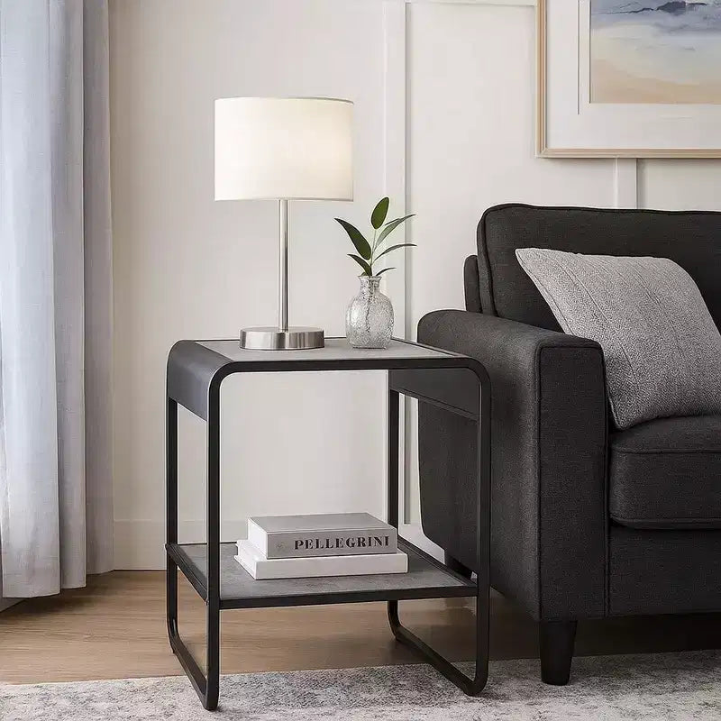 21 Inch Modern End Table with Open Shelves, Wood, Gray, Black