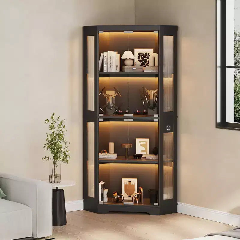 Wood Storage Cabinet with Tempered Glass Doors and Adjustable Shelves